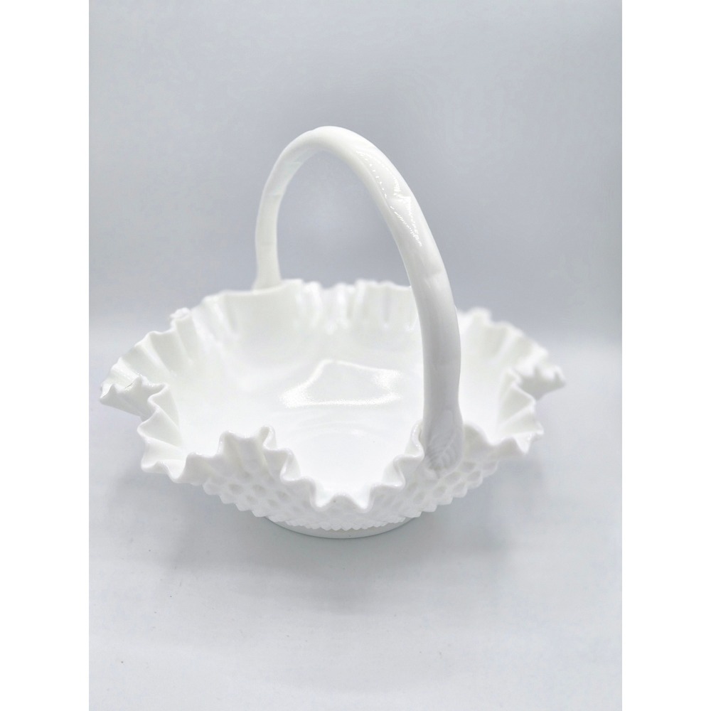 Vintage Fenton Milk Glass Hobnail Basket - 12" Wide x‎ 9" Tall